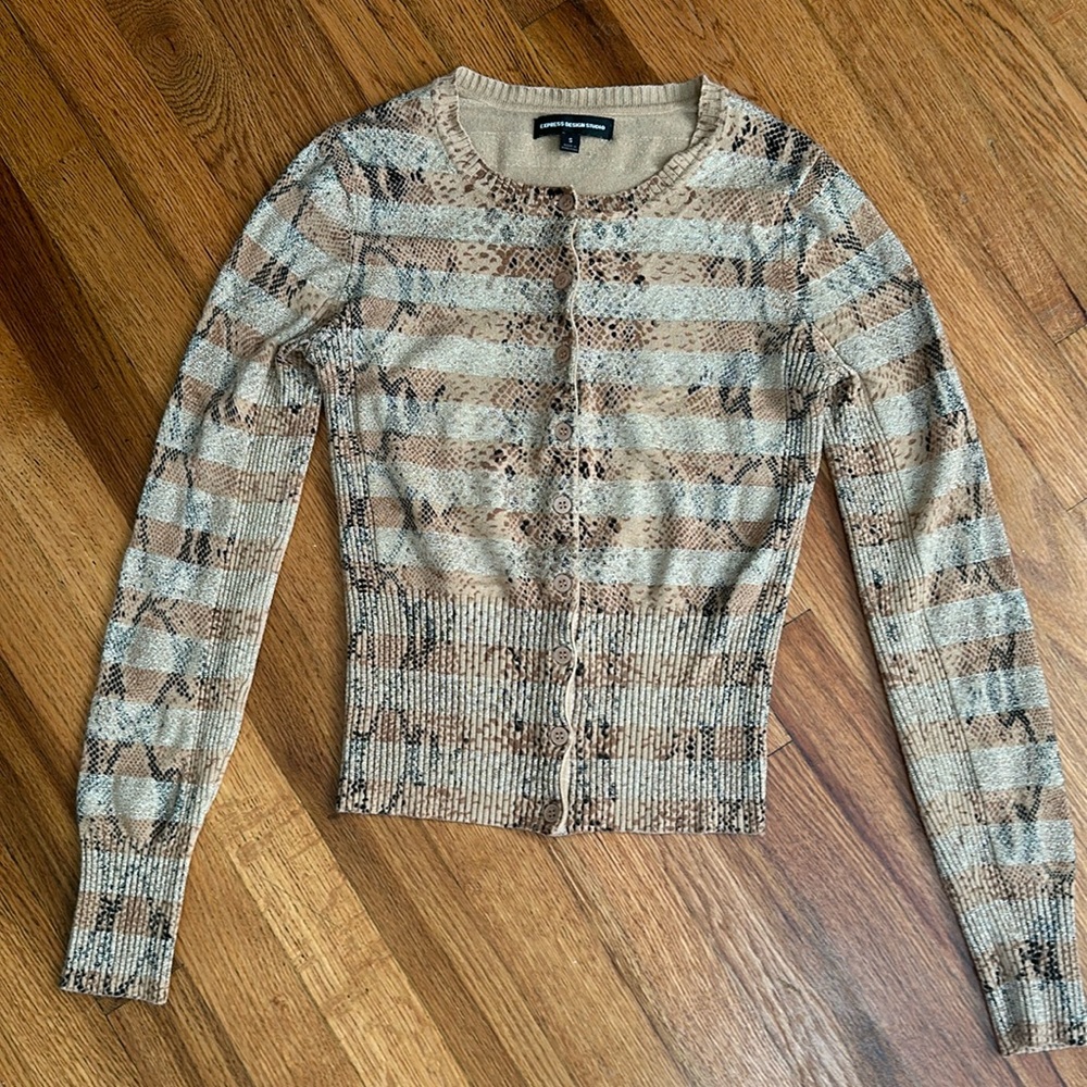 Express Metallic Detail Striped Animal Print Cardigan - Size Small